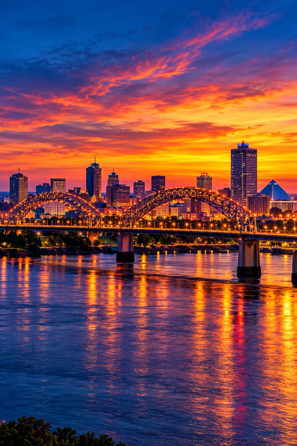 The Hernando de Soto ("M") bridge over the Mississippi River in Memphis at sunset